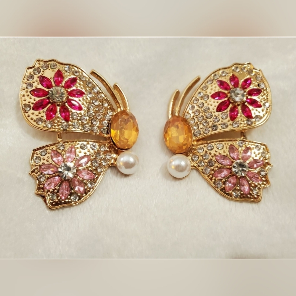 Large Retro Gold Plated Muticolor Crystal flower butterfly earrings - Picture 13 of 16